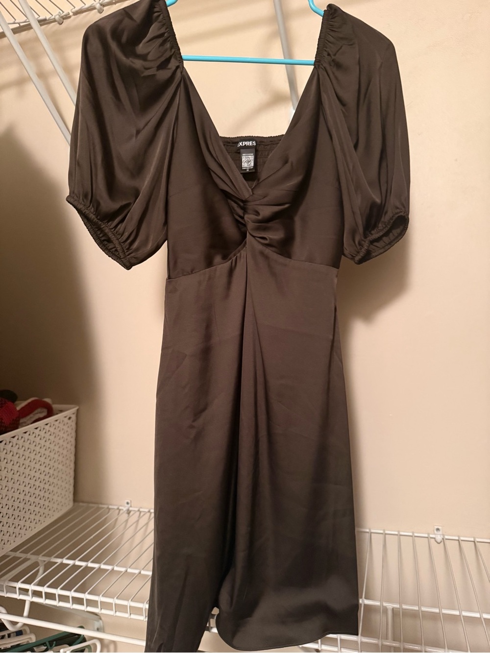 Express Brown Puff Sleeve V-Neck Dress